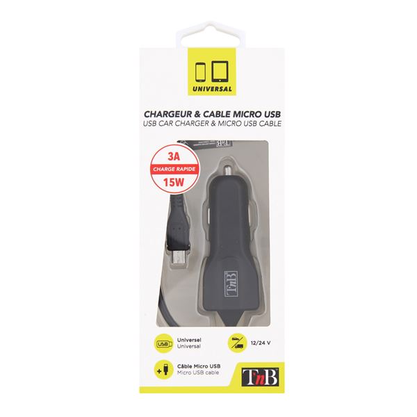 Chargeur allume-cigare 1 entrée USB avec câble Micro USB T'nB