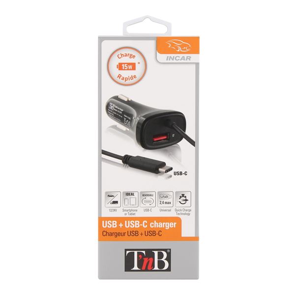 Allume-cigare avec câble USB-C plus port USB T'nB