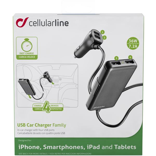 Chargeur allume-cigare 4 entrées 7,2A Cellular Line