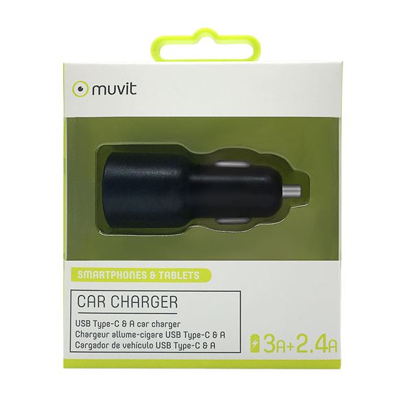 Chargeur allume-cigare 1 entrée USB 2,4 A et 1 entrée USB-C 3A Muvit