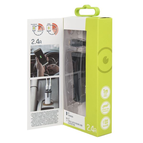 Pack chargeur allume cigare 2 entrées USB + câble micro-USB Muvit