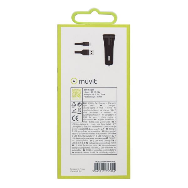 Pack chargeur allume cigare 2 entrées USB + câble micro-USB Muvit