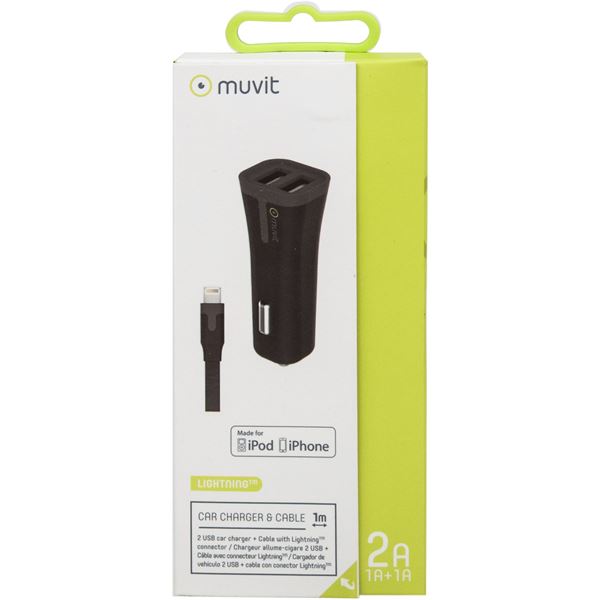 Pack chargeur allume cigare 2 entrées USB + câble lightning Muvit