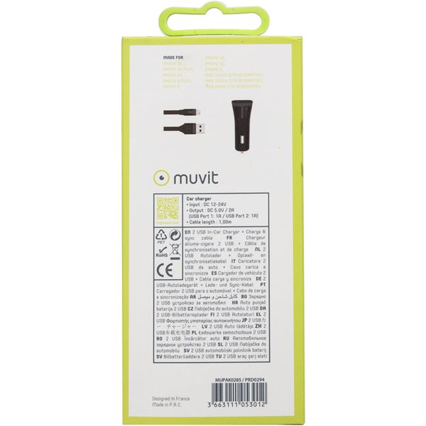 Pack chargeur allume cigare 2 entrées USB + câble lightning Muvit