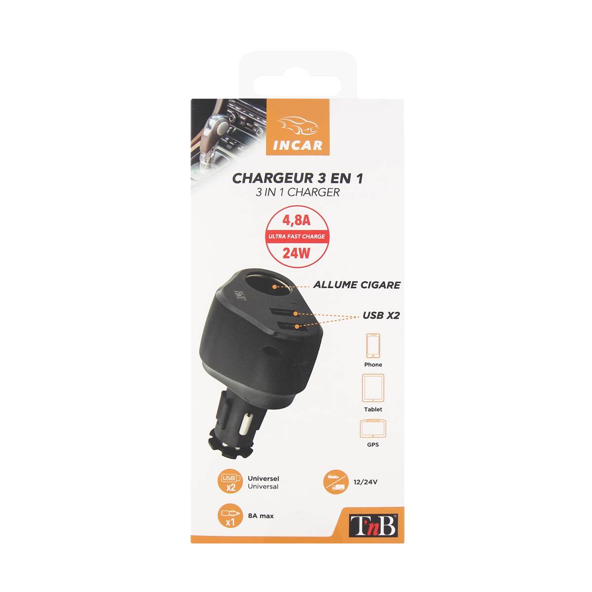 Chargeur Allume-cigare 3 En 1 + 2 Usb T'nb