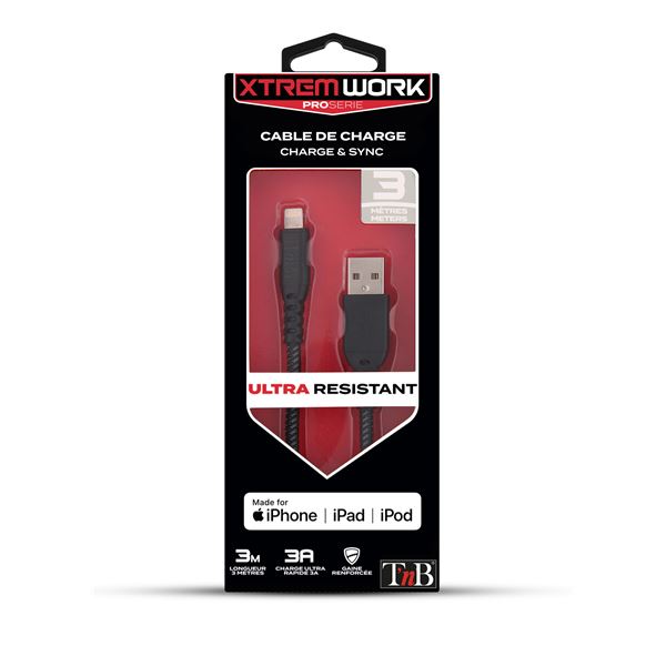 Câble lightning to USB 3 mètres noir XTREMWORK TNB