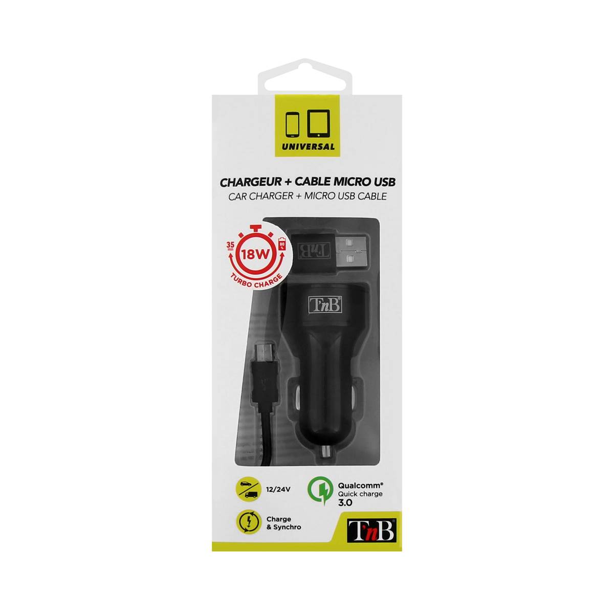 Chargeur Allume cigare QC3.0 + Câble Micro USB - Coloris Noir - T'nB
