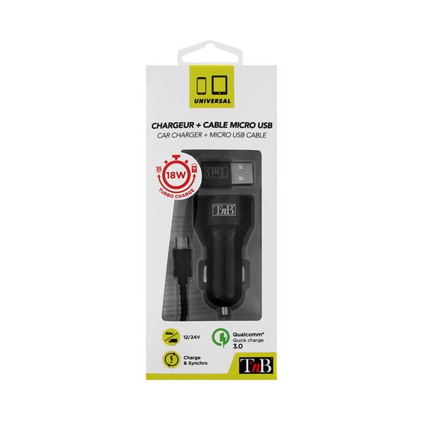 Chargeur Allume cigare QC3.0 + Câble Micro USB - Coloris Noir - T'nB - Feu  Vert