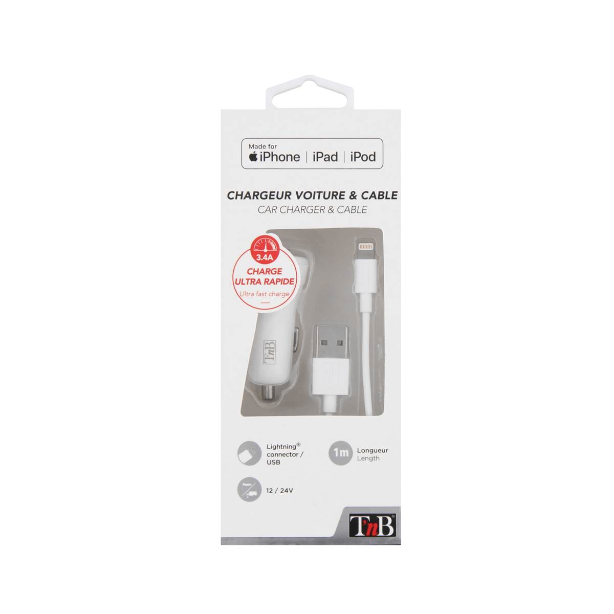 Chargeur Voiture Lightning 3.4a 2 Usb + Câble Usb/lightning 1m - Coloris Blanc - T'nb