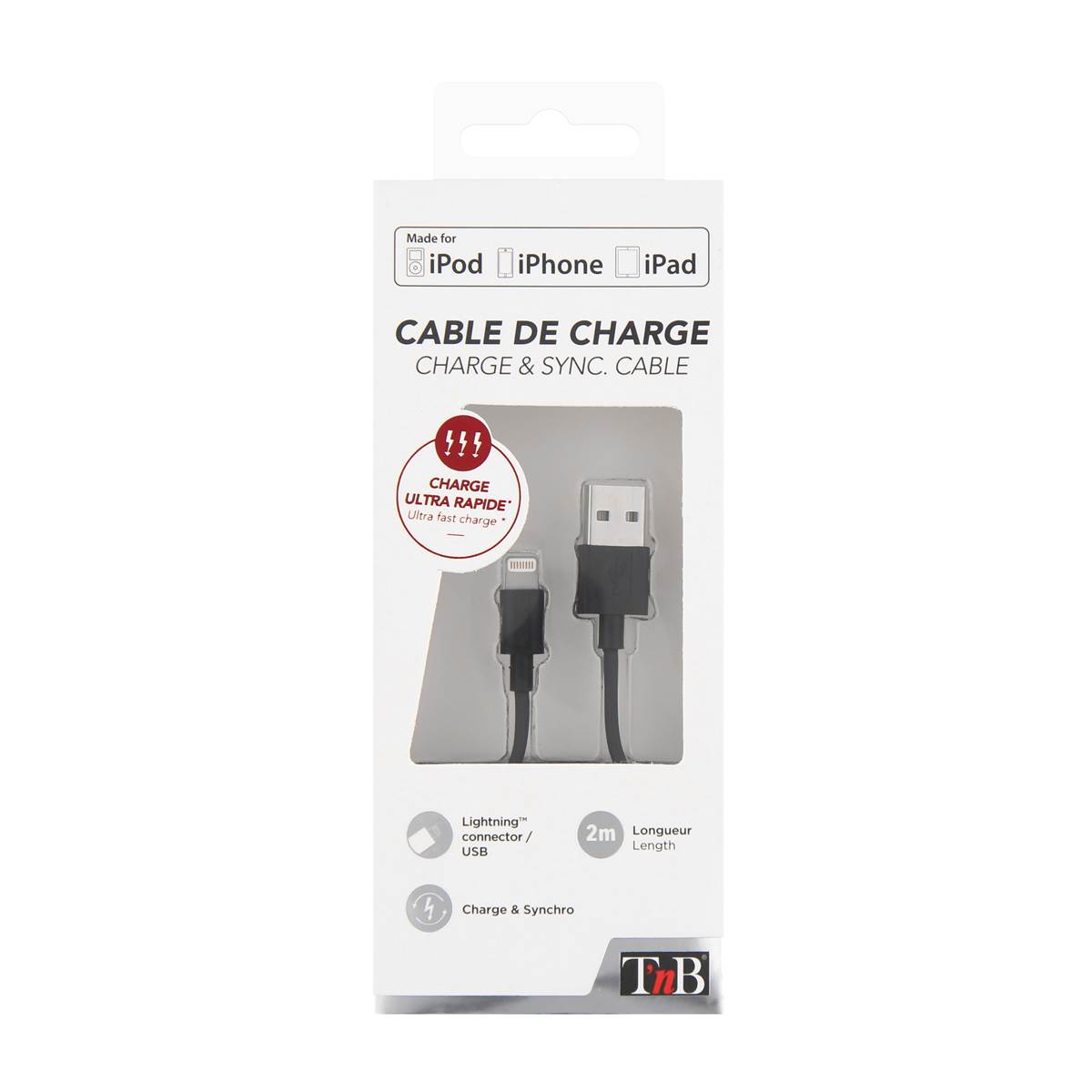 Câble USB/Lightning 2m - coloris noir - T'nb