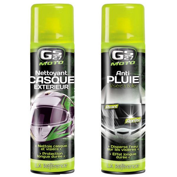 Lot nettoyant extérieur casque 250ML + Anti-Pluie visière 250ML pour 2 roues GS27