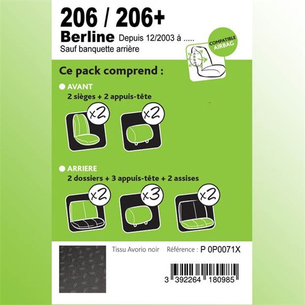 Housse de siège 206 / 206+ De 12/2003 à 01/2015 / Sauf CC - Feu Vert
