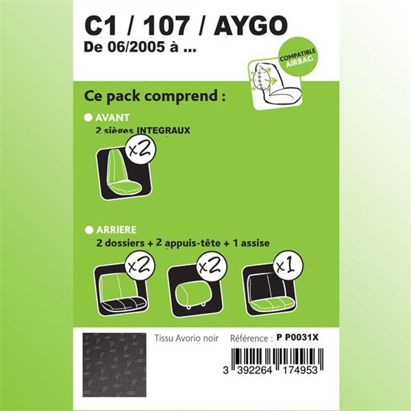Housse de siège C1 / 107 / Aygo de 06/2005 à 06/2014