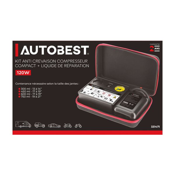 Kit réparation crevraison compressseur + liquide 450ml Autobest