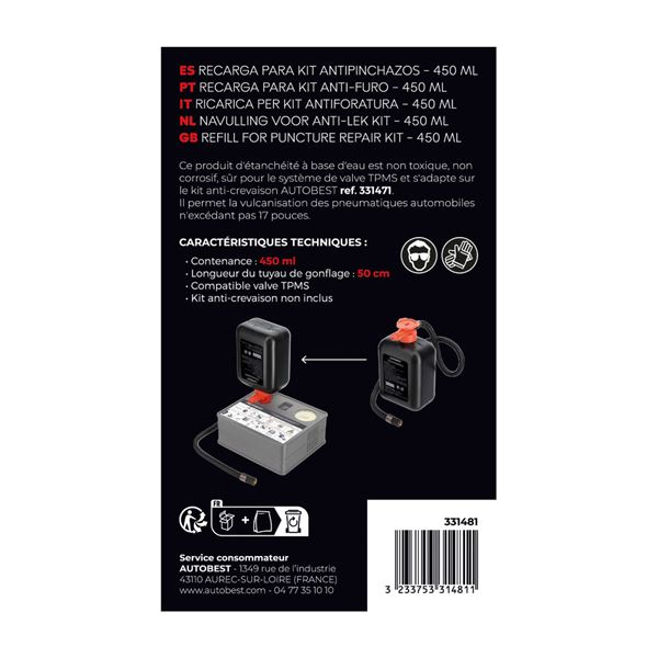 Recharge liquide réparation crevaison 450 ml Autobest