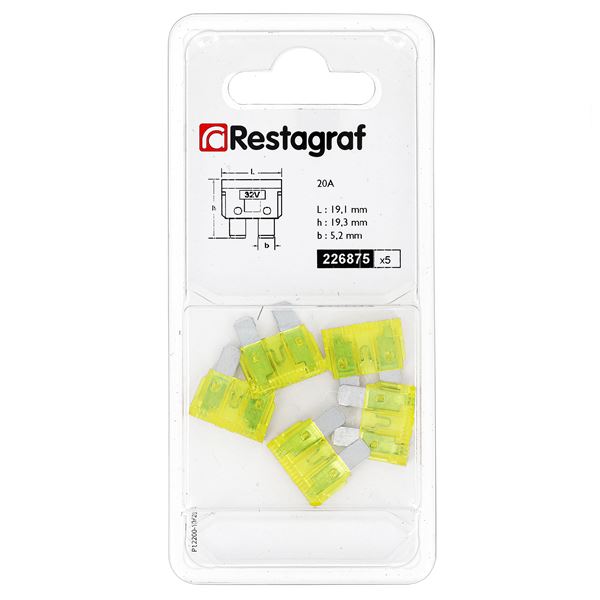 5 fusibles plats standards 20 ampères Restagraf