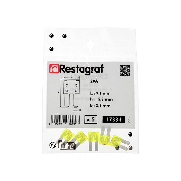 5 fusibles plats Micro II 20 ampères Restagraf
