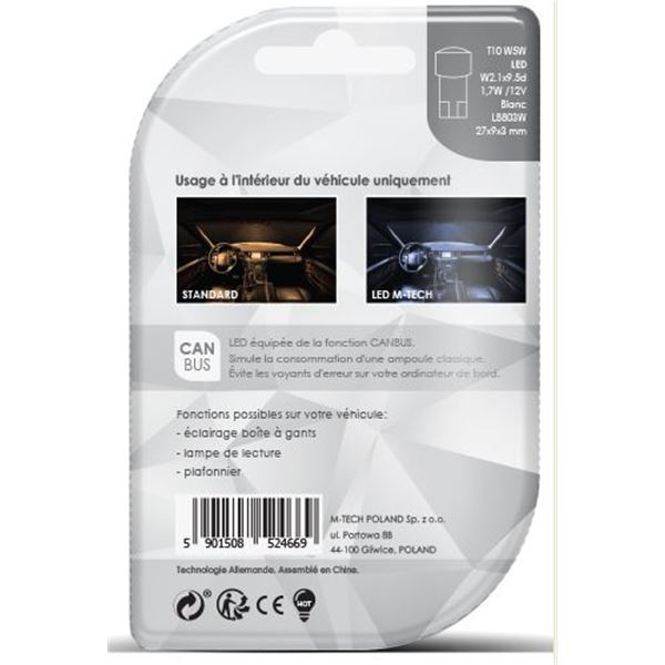 2 ampoules M-Tech LED 6000 K W5W/T10 - idéal plafonnier