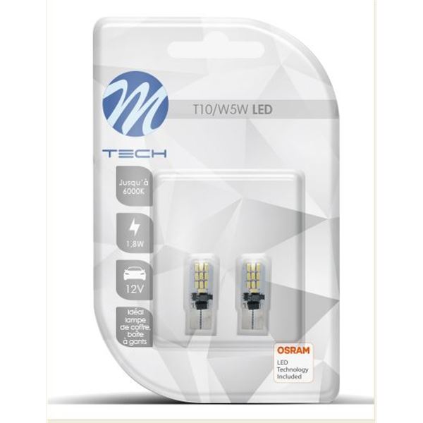 2 ampoules M-Tech LED 6000 K W5W/T10 - idéal coffre, boîte à gants