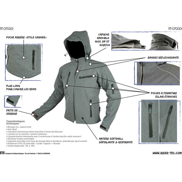 Veste moto softshell grise Rider-Tec Taille XXL