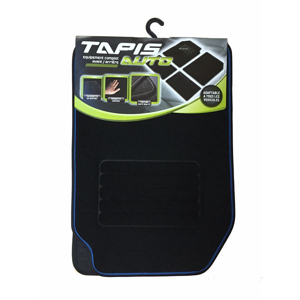 4 tapis de voiture moquette universels ganse bicolore bleue