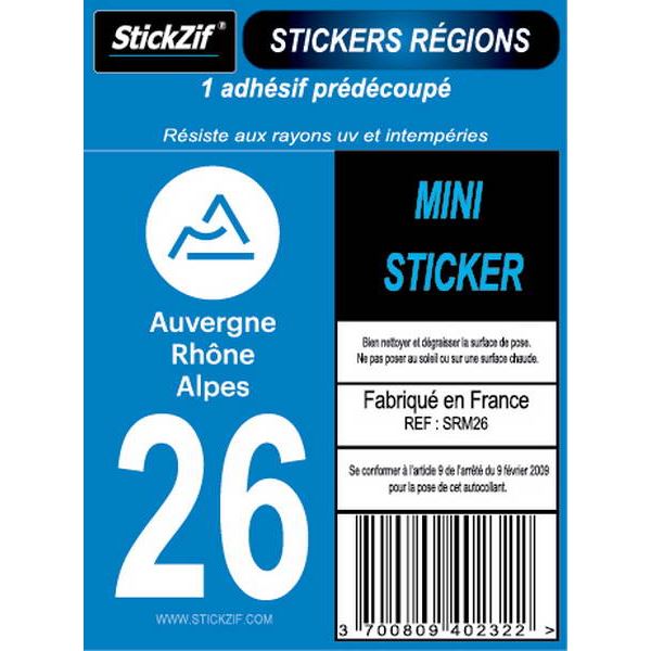 1 ADHÉSIF MOTO "RÉGION" DÉPARTEMENT 26 AUVERGNE-RHÔNE-ALPES