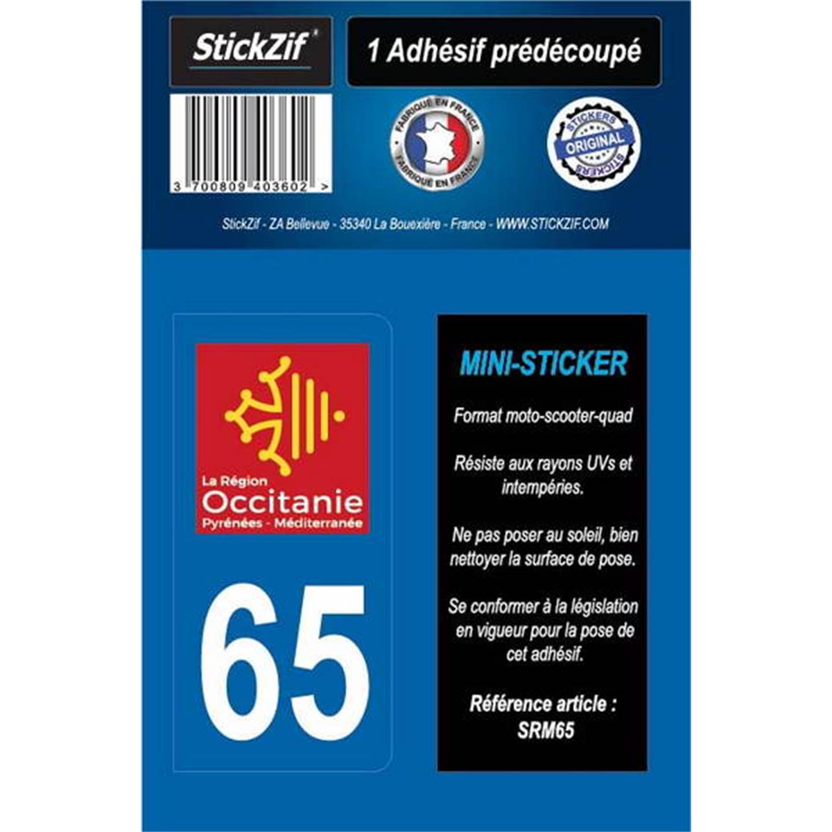 Adhésif Moto "région" Département 65 Occitanie