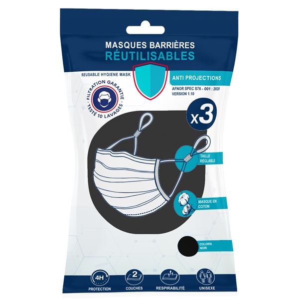 3 masques alternatifs tissu lavables & réutilisables - Coloris Noir