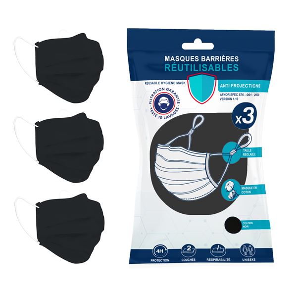3 masques alternatifs tissu lavables & réutilisables - Coloris Noir