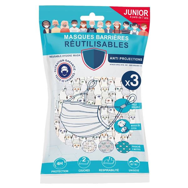 3 masques ENFANT alternatifs tissu lavables & réutilisables - Collection ANIMAUX