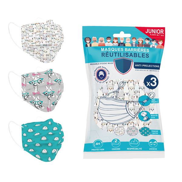 3 masques ENFANT alternatifs tissu lavables & réutilisables - Collection ANIMAUX