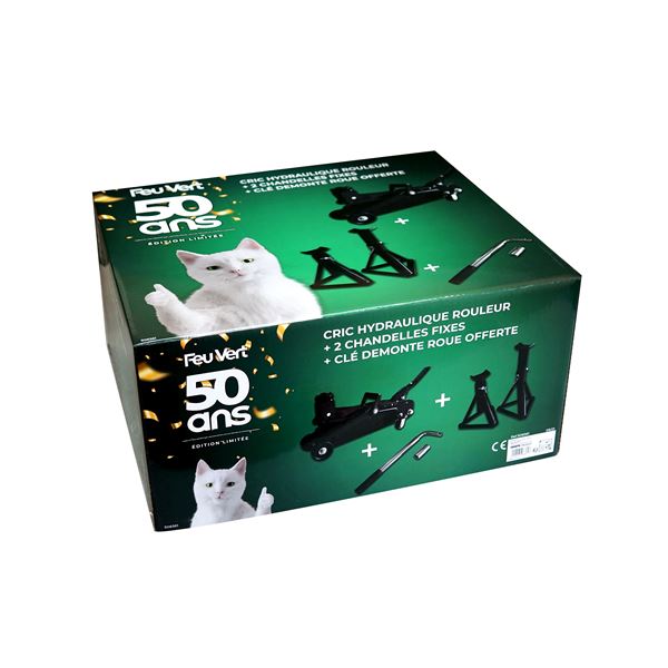 PACK LEVAGE : 1 CRIC HYDRAULIQUE ROULANT 1,5T + 2 CHANDELLES FIXES 2T + CLE DEMONTE ROUE