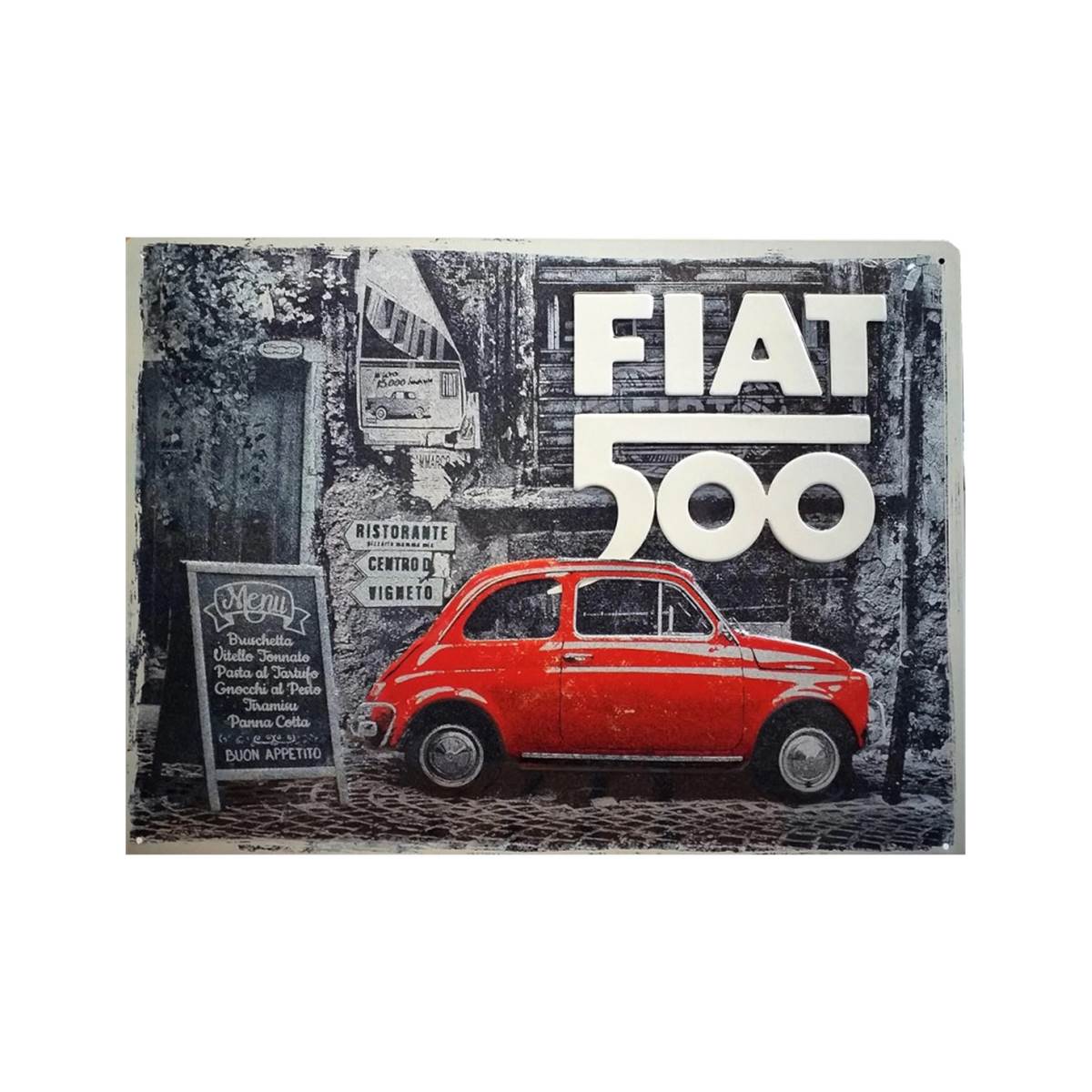 Plaque Métal 30x40 Cm Fiat 500 Red Car In The Street