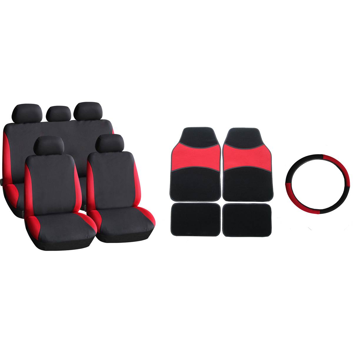 Pack Tapis Moquette 4 Pièces + Housse Universelle + Couvre Volant Rouge