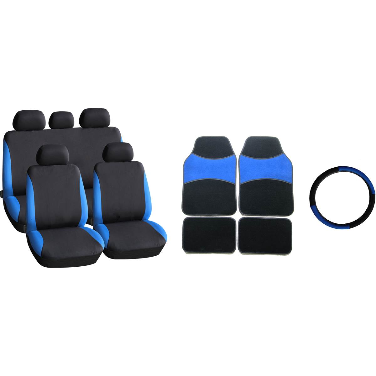 Pack Tapis Moquette 4 Pièces + Housse Universelle + Couvre Volant Bleu