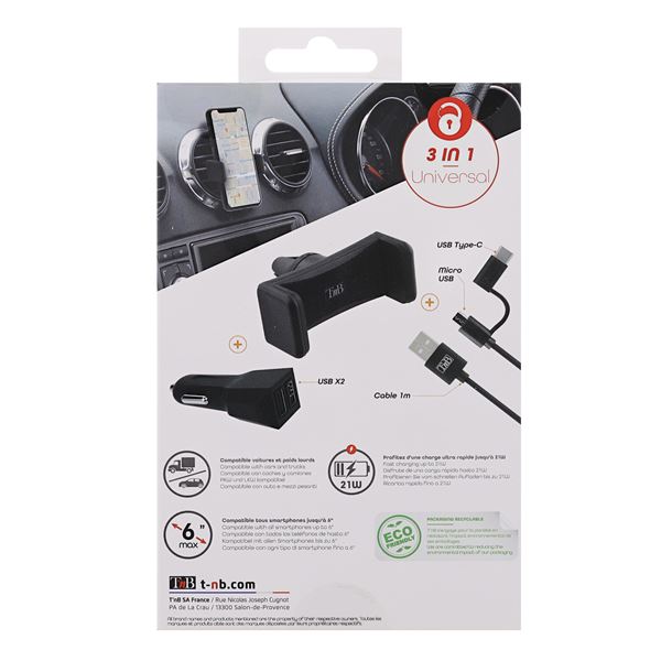 Pack voiture 3 en 1 chargeur allume-cigare 2XUSB-A 20W + support grille  d'aération + câble USB-C & micro-USB - Feu Vert