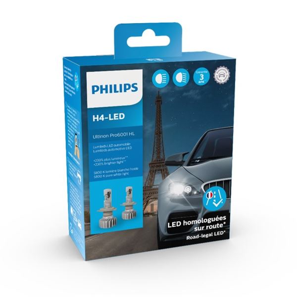 2 ampoules LED H4 Philips Ultinon Pro6001 HL (homologuées)