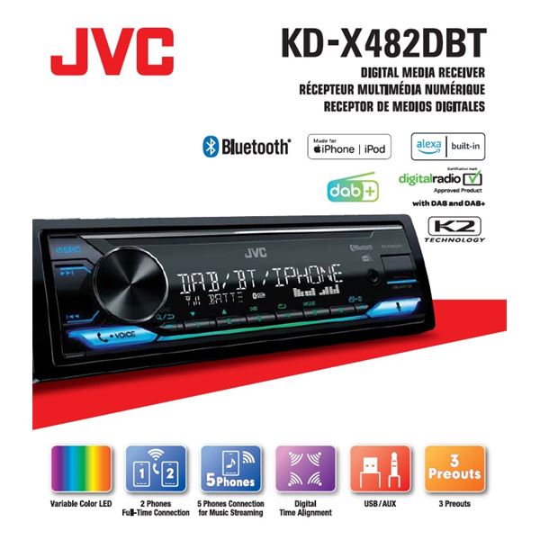 JVC autoradio USB, iPod, Bluetooth, Dab+, KD-X482DBT Noir 