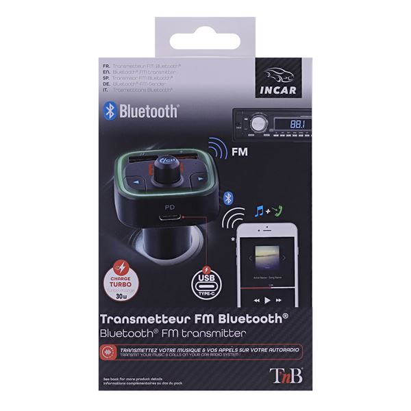Transmetteur FM Bluetooth, Chargeur Voiture USB + USB C, 30W