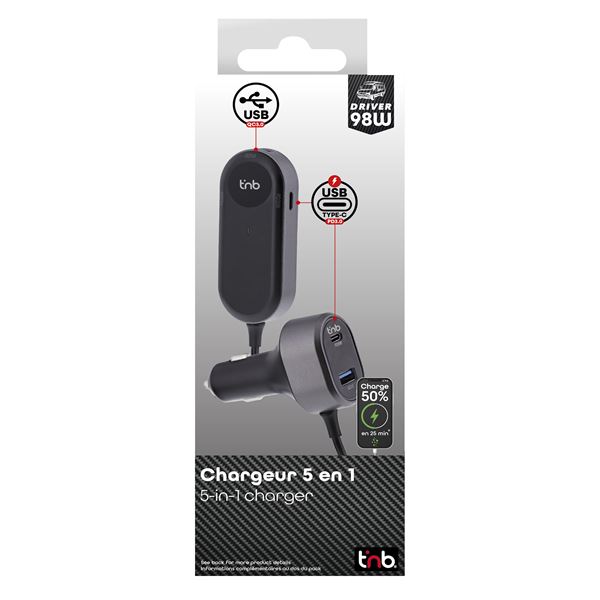Chargeur allume-cigares et rallonge 2xUSB et 3xUSB-C 98W premium