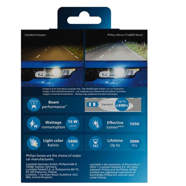 2 ampoules LED H7 Philips Ultinon Pro6000 Boost (homologuées)
