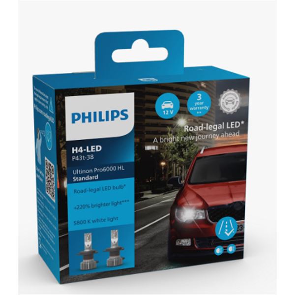 2 ampoules LED H4 Philips Ultinon Pro6000 Standard (homologuées)