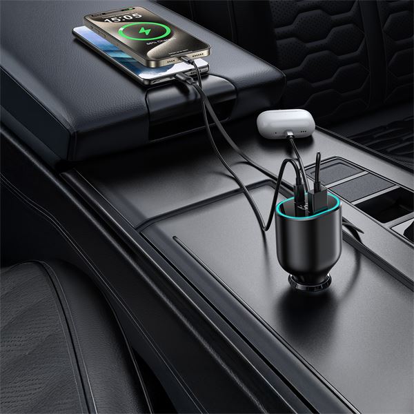 Chargeur allume-cigare avec câble USB-C rétractable