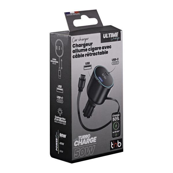 Chargeur allume-cigare avec câble USB-C rétractable