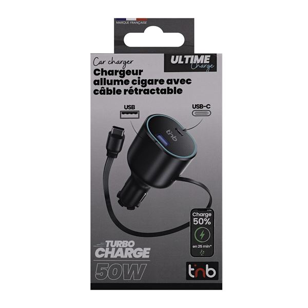 Chargeur allume-cigare avec câble USB-C rétractable