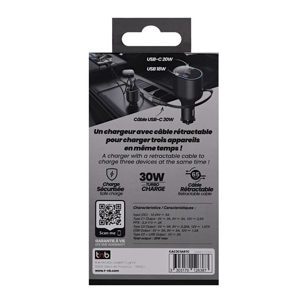 Chargeur allume-cigare avec câble USB-C rétractable