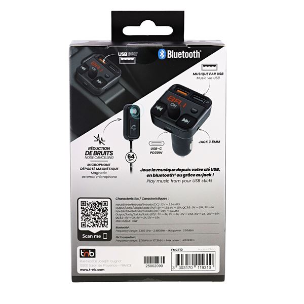 Transmetteur FM bluetooth Kit mains libre et charge rapide