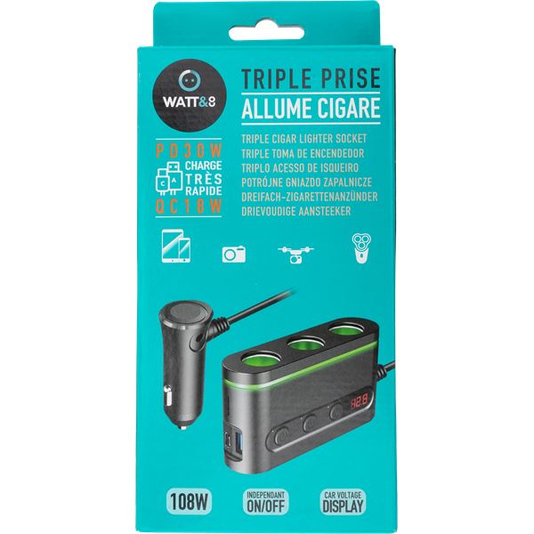 Triple Prise Allume-Cigare + USB-A et USB-C PD20W