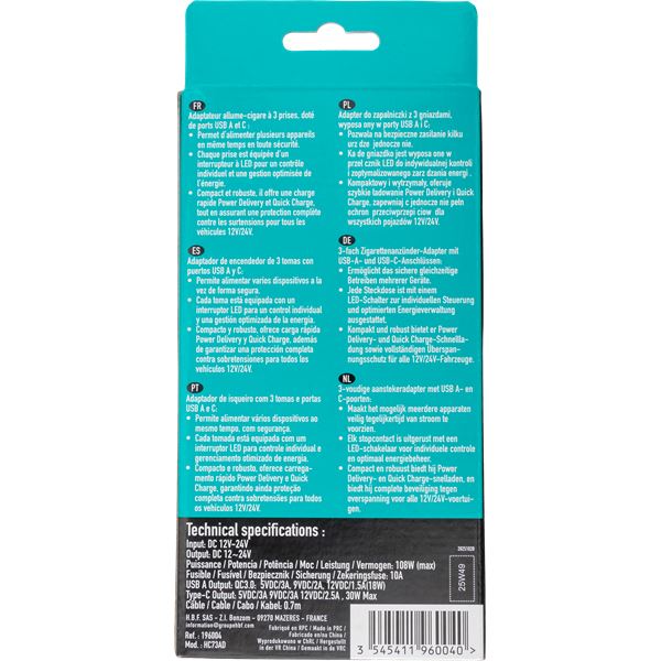 Triple Prise Allume-Cigare + USB-A et USB-C PD20W