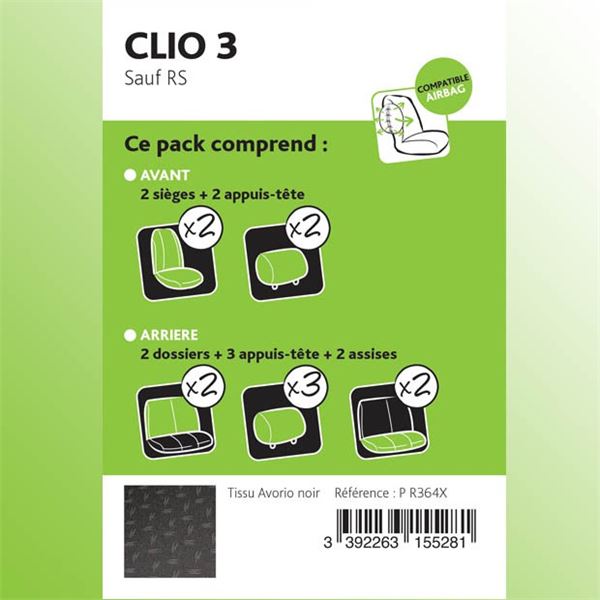 Housse de siège pour CLIO3 9/05-> PLATIN - Feu Vert
